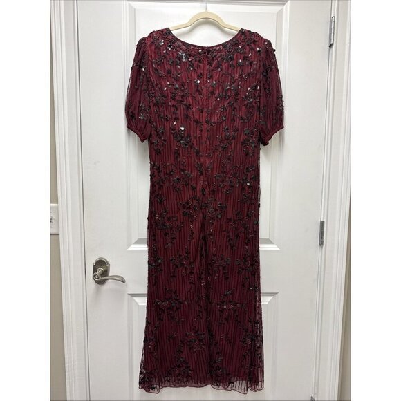 Mac Duggal Size 16 W Burgundy Puff Sleeve Embellished Cocktail MIDI Dress $598 - Picture 5 of 9